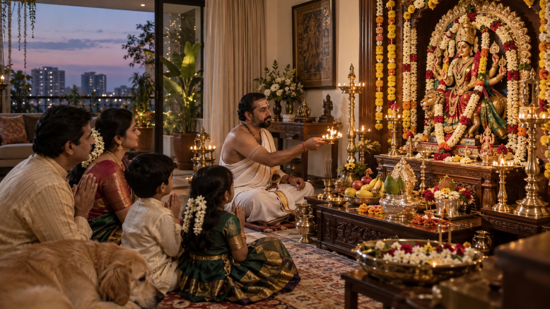 A family and Purohit offering aarti at a home Devi altar