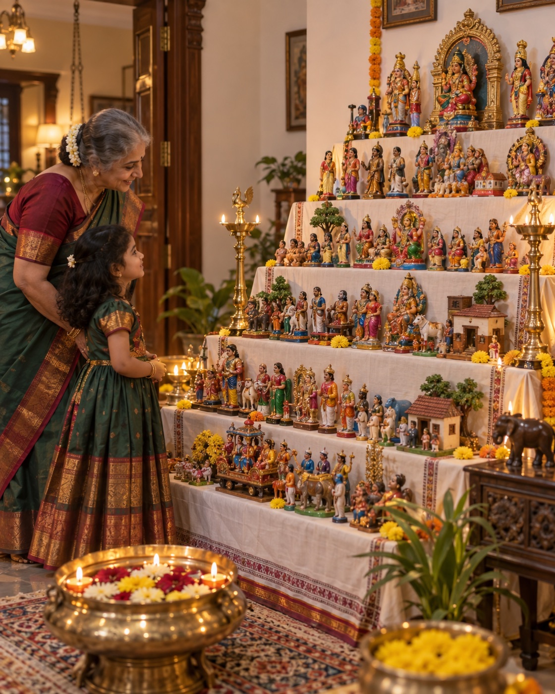 A grandmother and child looking at their family's Navaratri Golu display