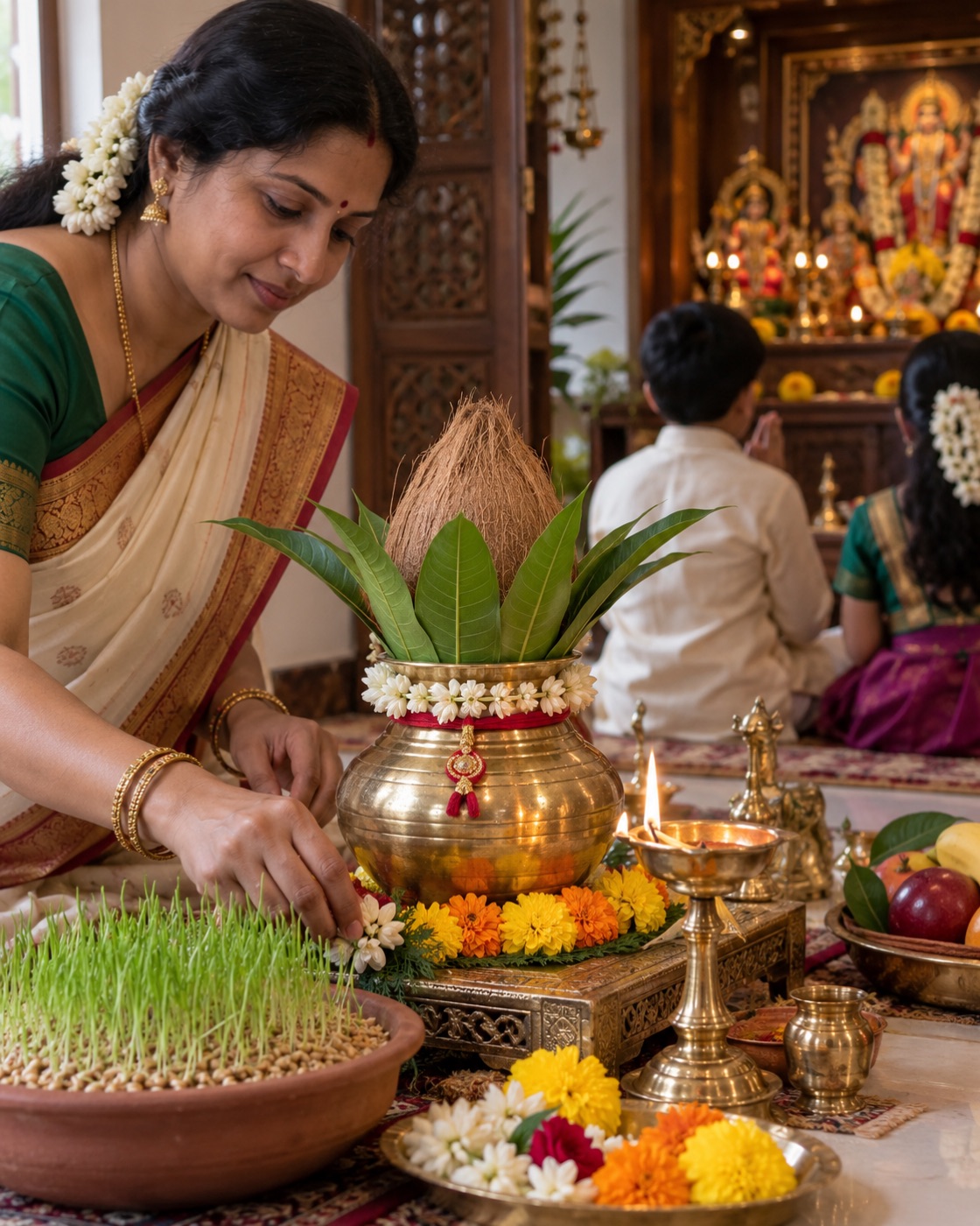 A family setting a brass kalasha and sprouted grains for Navaratri