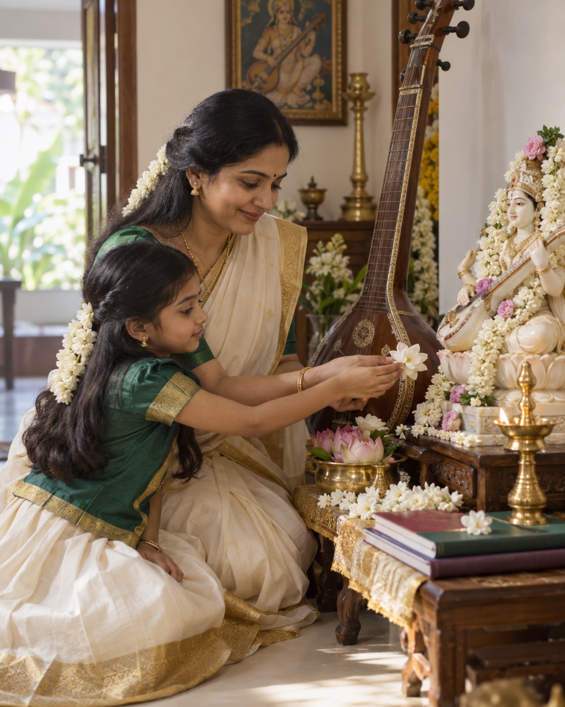 Books, a veena and work tools arranged for Saraswati and Ayudha Puja
