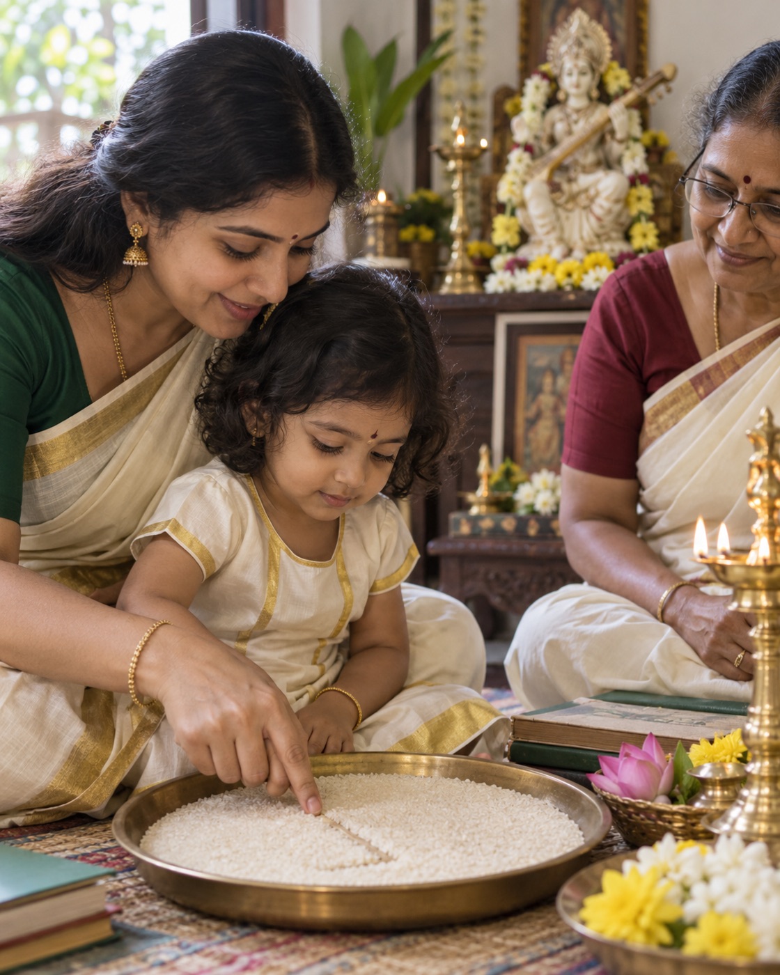 An elder guiding a young child through a first-writing ritual on Vijayadashami
